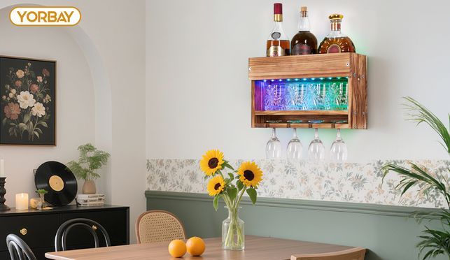 Massivholz Weinregal Mit LED-Beleuchtung, Wandmontiert, 3-stufig, Für Bar Oder Küche