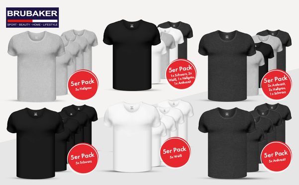 5er Pack BRUBAKER Herren Kurzarm T Shirt mit Rundhals Ausschnitt 
