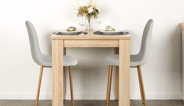 Homestyle4u Essgruppe Esstisch mit 2 Stühlen 80x80 Küchentisch Beige Holz klein Sitzgruppe, (Spar-Set, 3-tlg., Esszimmergruppe 3 teilig), Polsterstuhl Leinen, Essstuhl