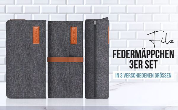 Federmäppchen aus Filz im praktischen 3er Set (schwarz / grau)
