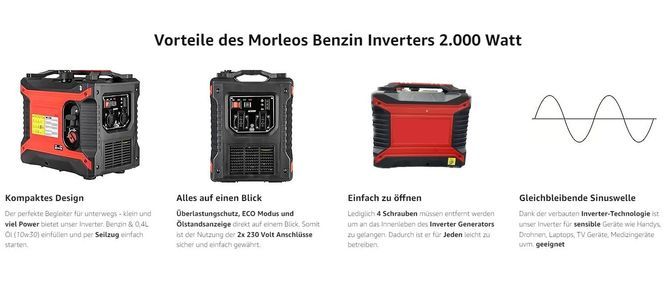 Morleos Inverter 2000 Watt - 2x 230 Volt - 4 Liter Benzintank - Leiser ECO Modus