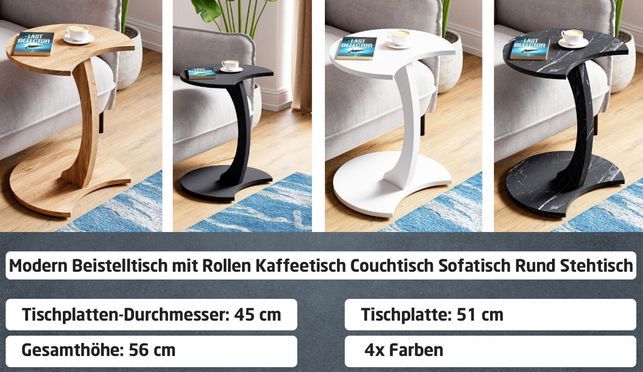 Modern Beistelltisch mit Rollen Kaffeetisch Couchtisch Sofatisch Rund Stehtisch