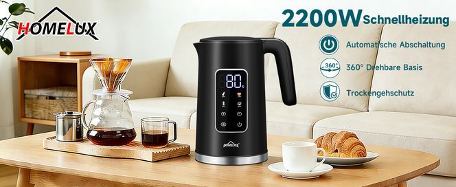 HOMELUX Wasserkocher Edelstahl 1.7L Temperatureinstellung Warmhaltefunktion, Doppelwand, 1.7 l, 2200 W, Großes Display mit Temperaturvorwahl 2Std Isolierung BPA-Frei