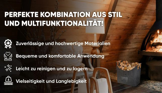 Filzkorb XXL 69 Liter | Kaminholzkorb Mit Holzgriffen | Grauer Aufbewahrungskorb