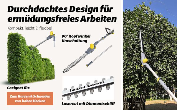 FANZTOOL Akku Heckenschere mit Teleskopstiel ergonomischer Heckenschneider