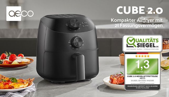 aeco Cube 2.0 Airfryer, kompakt & platzsparend, 2l Fassungsvermögen, Timer