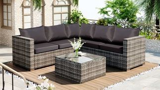 Flieks Gartenlounge-Set, Polyrattan 5-Sitzer-Gartenmöbel-Set Anti-UV-Kissen