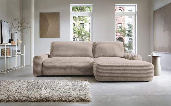 Goldstoff Ecksofa mit Schlaffunktion und Bettkasten, hellbeige, Links