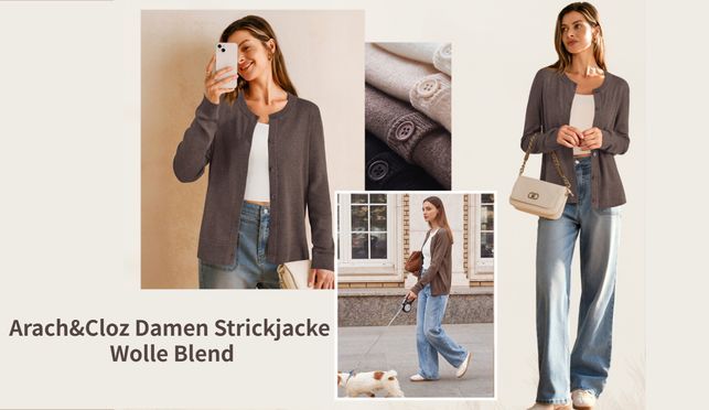 Arach&Cloz Damen Strickjacke Wolle Blend Rundhals Ausschnitt
