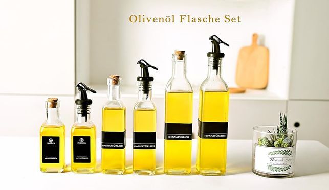 Olivenöl Flasche 500ml, Ölflasche mit Ausgießer, mit Schwarzer Oversized Labels, Essig und Ölflasche