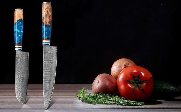 2 teiliges Damast Kochmesser set aus 67 Lagen VG10 Damaststahl mit Blau Harzgriff