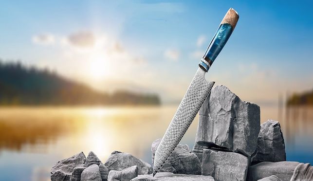 Uber das Damast Kiritsuke messer aus 67 Lagen Damaststahl mit Blau Harzgriff