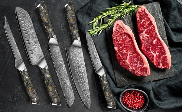 5 teiliges Damast Kochmesser set aus 67 Lagen VG10 Damaststahl