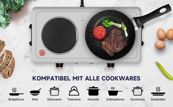 Edelstahl Doppelkochplatte | Kochplatte mit 2 Kochfeldern | elektrische Herdplatte mit Cool 