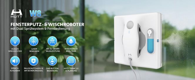 Hutt W8 Fensterputzroboter&Wischroboter, max.3800Pa, 2 fach Sprühsystem, 80ml Tank, auto Wegplanung