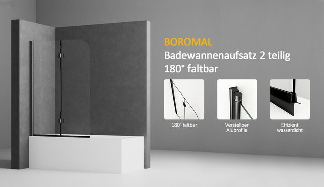 BOROMAL Badewannenaufsatz 2 teilig Schwarz Klarglas 6mm Nano Glas