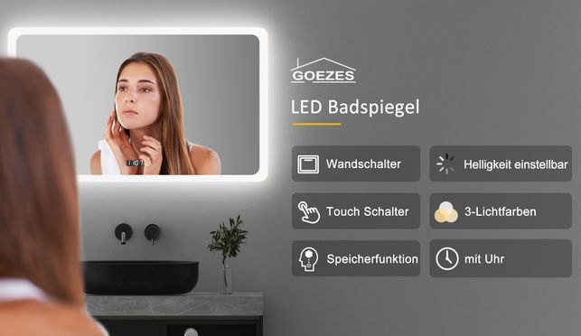 GOEZES LED Multifunktionspiegel mit Uhr & Speicherfunktion 100x60cm