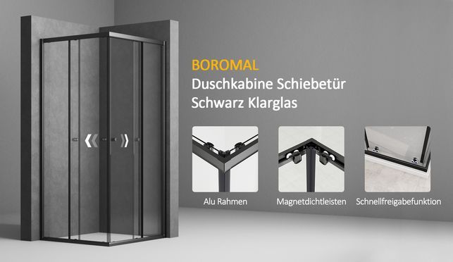 BOROMAL Shower Enclosure Sliding Door Black 5mm ESG Clear Glass H:185cm