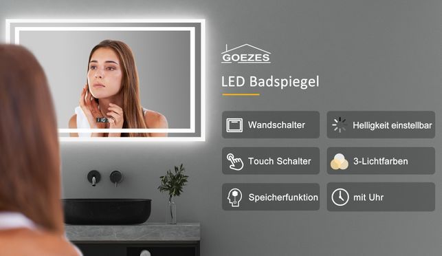 GOEZES LED Multifunktionspiegel mit Uhr & Speicherfunktion 100x60cm