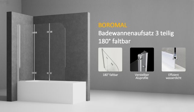 BOROMAL Badewannenaufsatz 3 teilig Chrom Klarglas 6mm Nano Glas