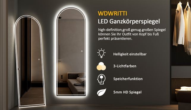 WDWRITTI LED Spiegel mit Speicherfunktion 3Lichtfarben Dimmbar