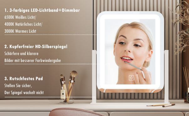 WDWRITTI LED Schminkspiegel Rechteckig 3Lichtfarben, Helligkeit Dimmbar, 360° Drehbar