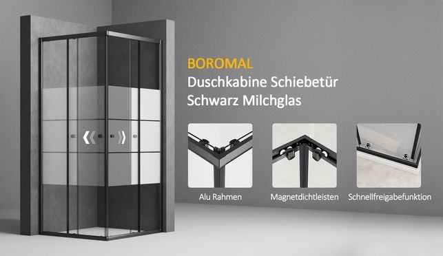 BOROMAL Shower Enclosure Frosted Glass Sliding Door Black 5mm ESG H:185cm