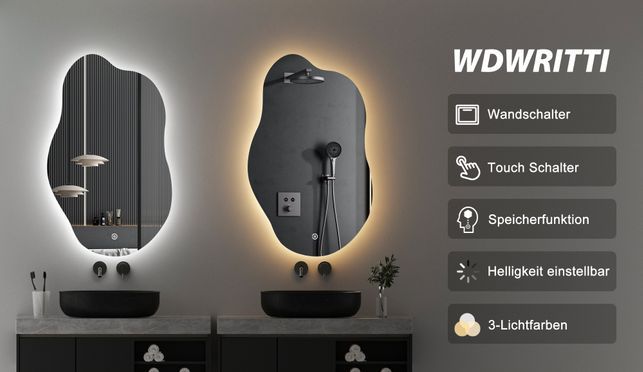 WDWRITTI LED Multifunktionspiegel mit Speicherfunktion Wolke 52x85cm