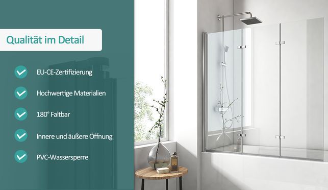EMKE 180° Shower Screen for Bathtub, 3-Piece Foldable Shower Partition, 6 mm NANO GLASS Bathtub Screen