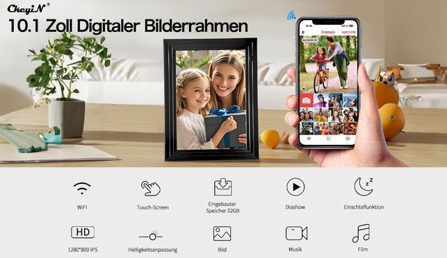 Digitaler Bilderrahmen 10,1 Zoll WLAN – 64 GB, IPS-Touchscreen, Automatische Drehung