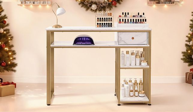 Luxuriöser & moderner Schreibtisch mit Schublade und Regal. 