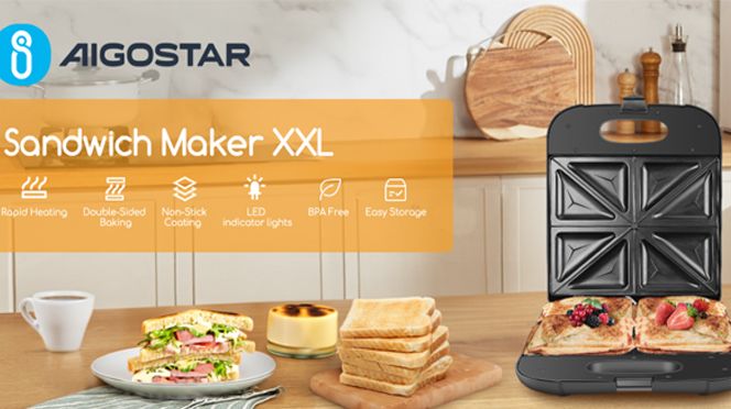 Aigostar Sandwichmaker XXL für 4 Sandwiches, 1400 W, Sandwichtoaster mit Antihaftbeschichtung, Schne