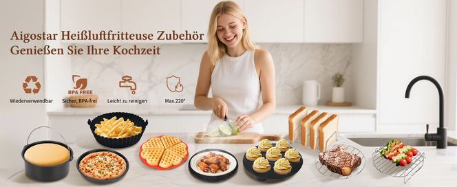 Silikonform Heißluftfritteuse Zubehör, 12 Stück Airfryer Zubehör, Grillrost, Pizzablech, Backpapier
