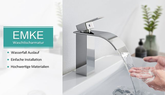 EMKE Wasserfall Auslauf Waschtischarmatur Chrom Wasserhahn mit 500 mm geflochtenem Edelstahl Einlass