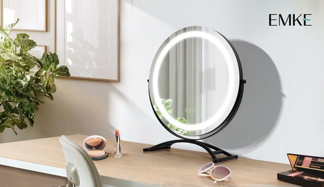 EMKE Kosmetikspiegel 360° Drehbar Schminkspiegel Runder Tischspiegel mit LED Beleuchtung