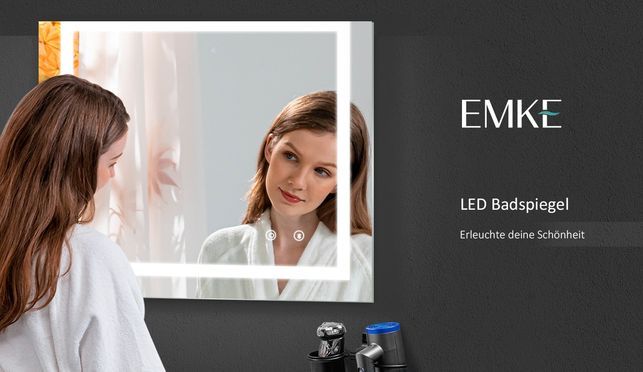 EMKE Badspiegel mit LED Beleuchtung und weiß Aluminiumrahmen Multifunktion Badezimmerspiegel