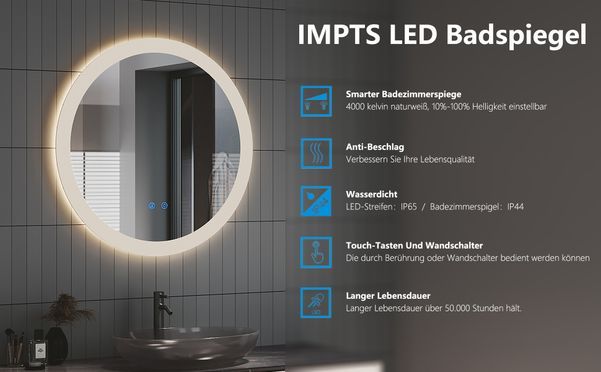 IMPTS Badezimmerspiegel Wandspiegel Badspiegel mit LED Beleuchtung