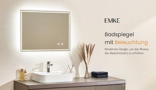EMKE Badspiegel mit Beleuchtung Badezimmerspiegel mit Antibeschlag, Kaltweiß Dimmbar