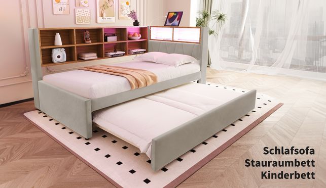 RIAZOS Polsterbett 90x200 Mit Ausziehbett - Multifunktionsschlafsofa Mit LED