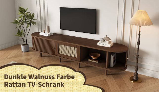 Luxuriöser TV Ständer mit Walnuss und Rattan Dekoration