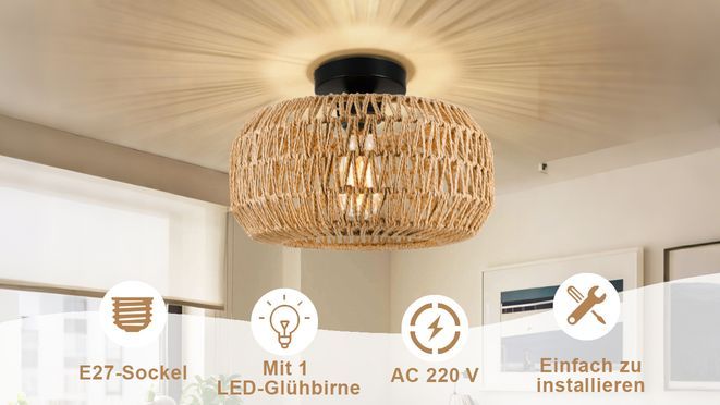 Deckenleuchte Boho, 45 cm, creme-weiß/Rattan Deckenleuchte Boho, 45 cm, creme-weiß/Rattan