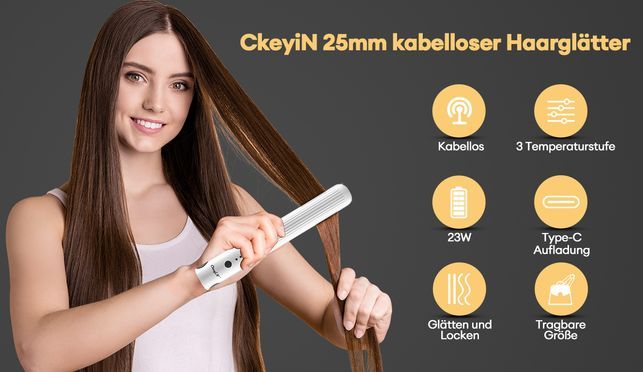 CkeyiN 25mm Kabelloser, wiederaufladbarer Dual-Purpose-Haarglätter