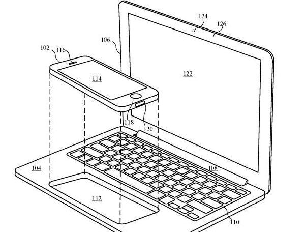 Eine Zeichnung zeigt, wie ein Smartphone in ein Notebook integriert wird.