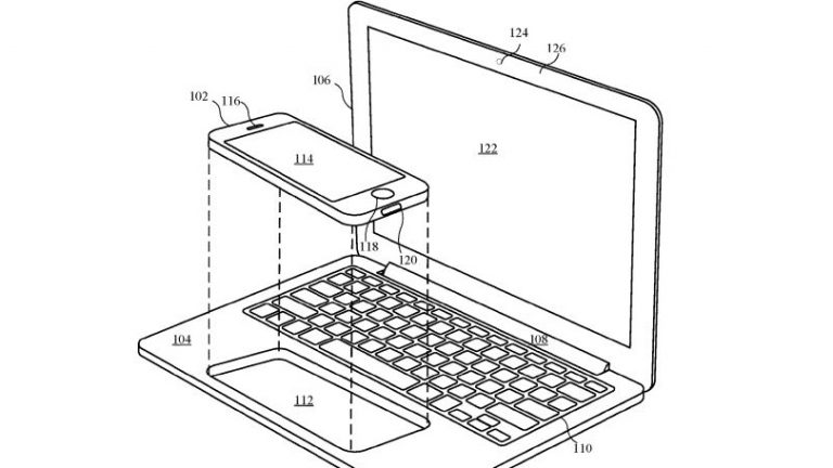 Eine Zeichnung zeigt, wie ein Smartphone in ein Notebook integriert wird.