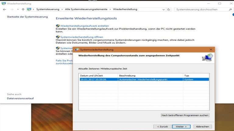 Windows 10 reparieren mit Bordmitteln Wiederherstellungspunkte