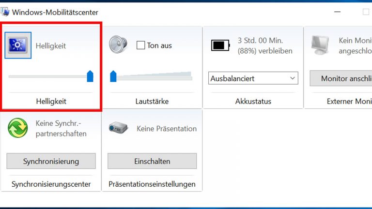 Helligkeitseinstellung im Mobilitätscenter von Windows 10