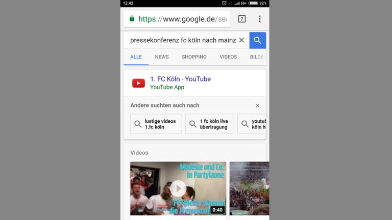 Mobile Google-Suche mit angezeigten Videos