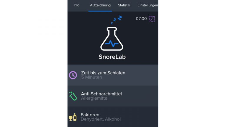 Aufzeichnungseinstellungen bei Schnarch-App “Snore Lab”