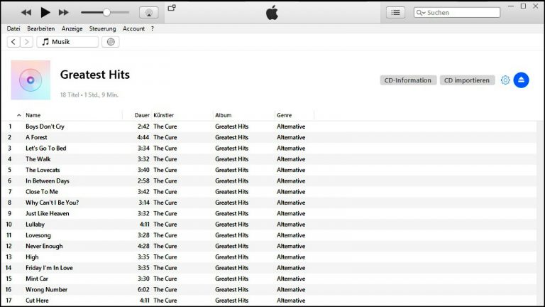 iTunes CD importieren Menü