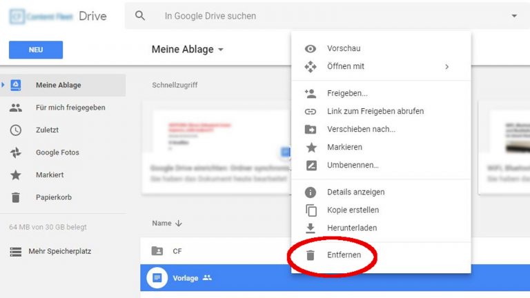 Entfernen-Funktion in Google Drive